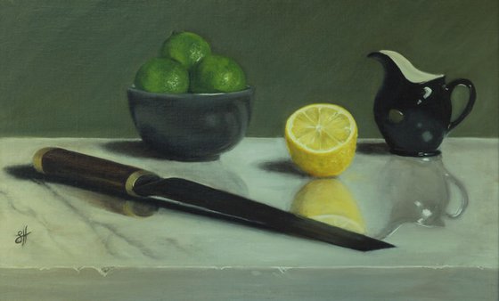 Citrus Fruits, Black Jug and Knife