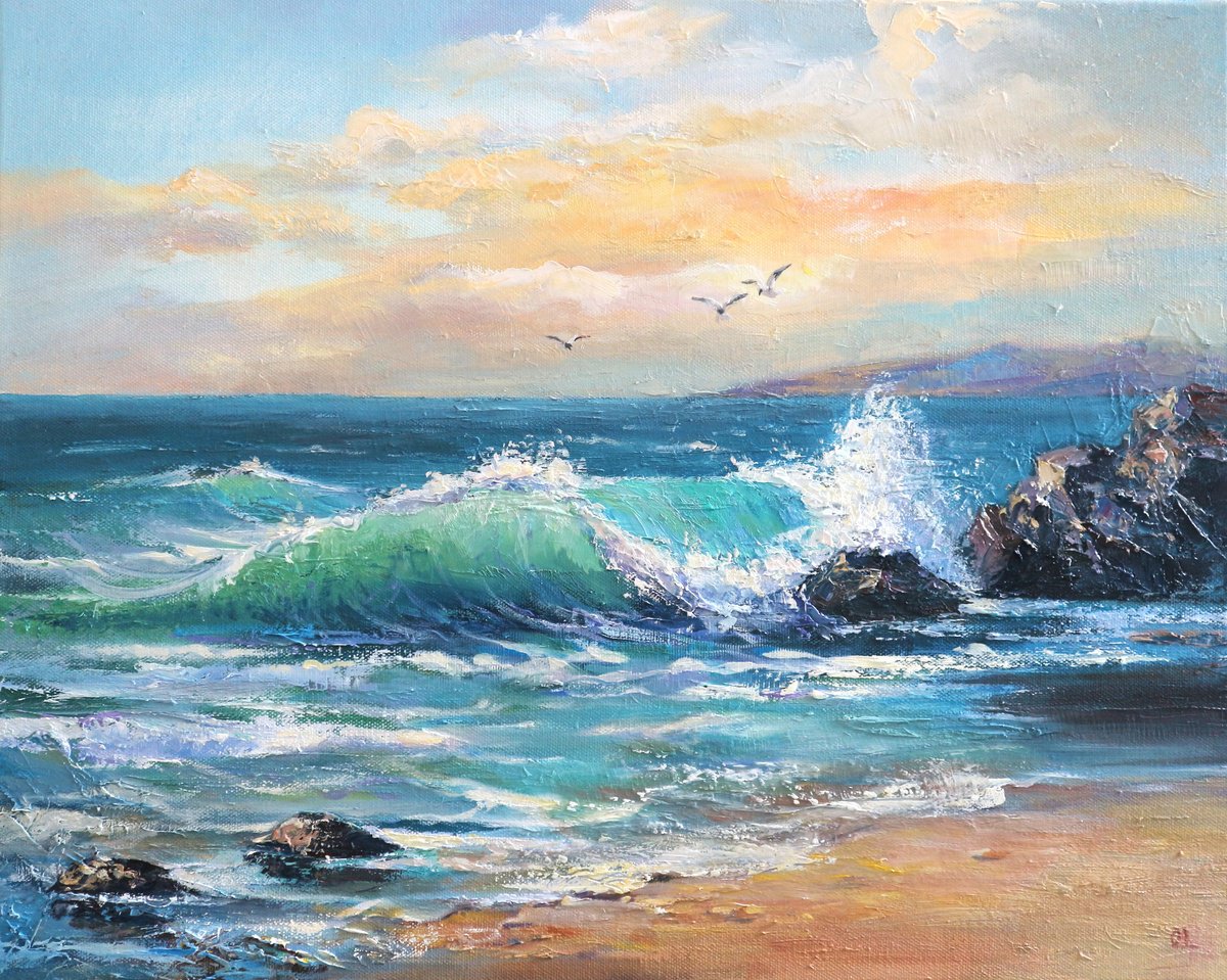 Expressive Landscape Oil Painting By Olga Lomax, 20 X 16", Seascape16.2, Original Artwork