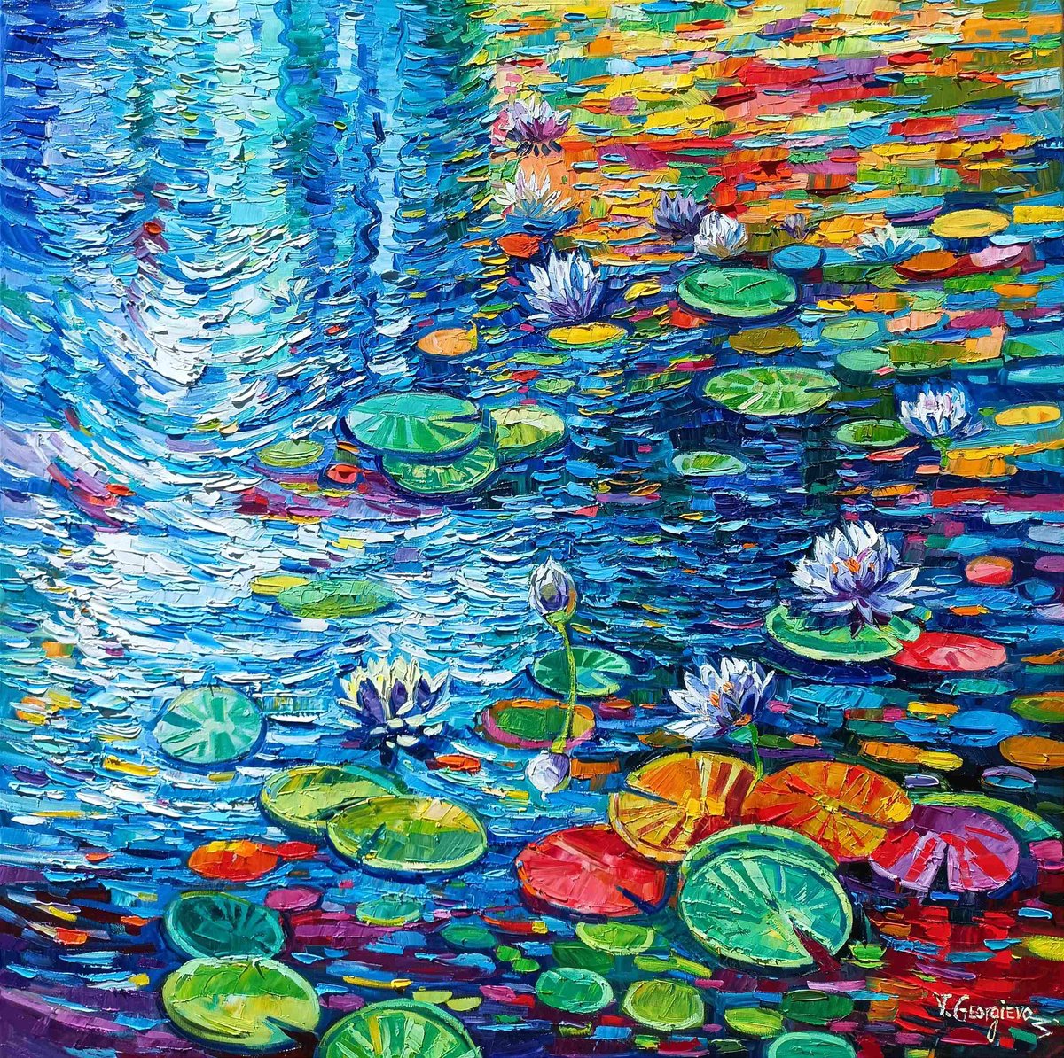 Impressionistic Botanical Oil Painting By Vanya Georgieva, 47 X 47", Water Lilies Reflections 4, Original Artwork