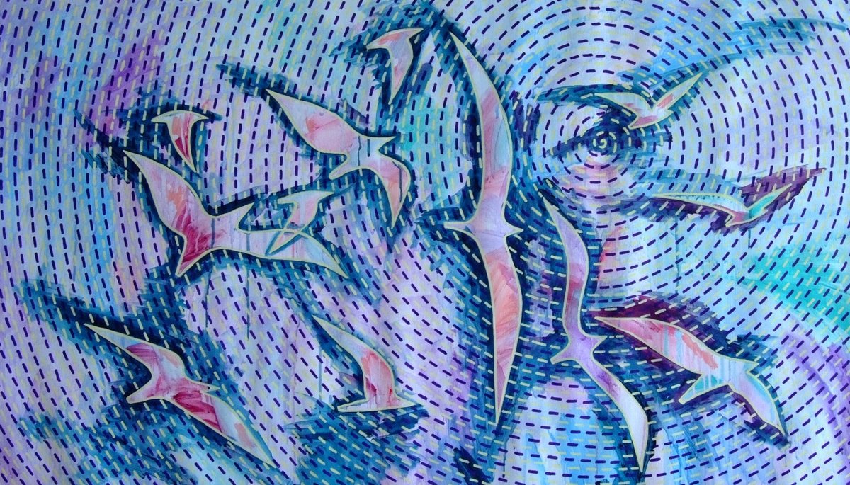 Abstract Landscape Acrylic Painting By Marina Krylova, 43 X 24", Arrival Of The Birds, Original Artwork