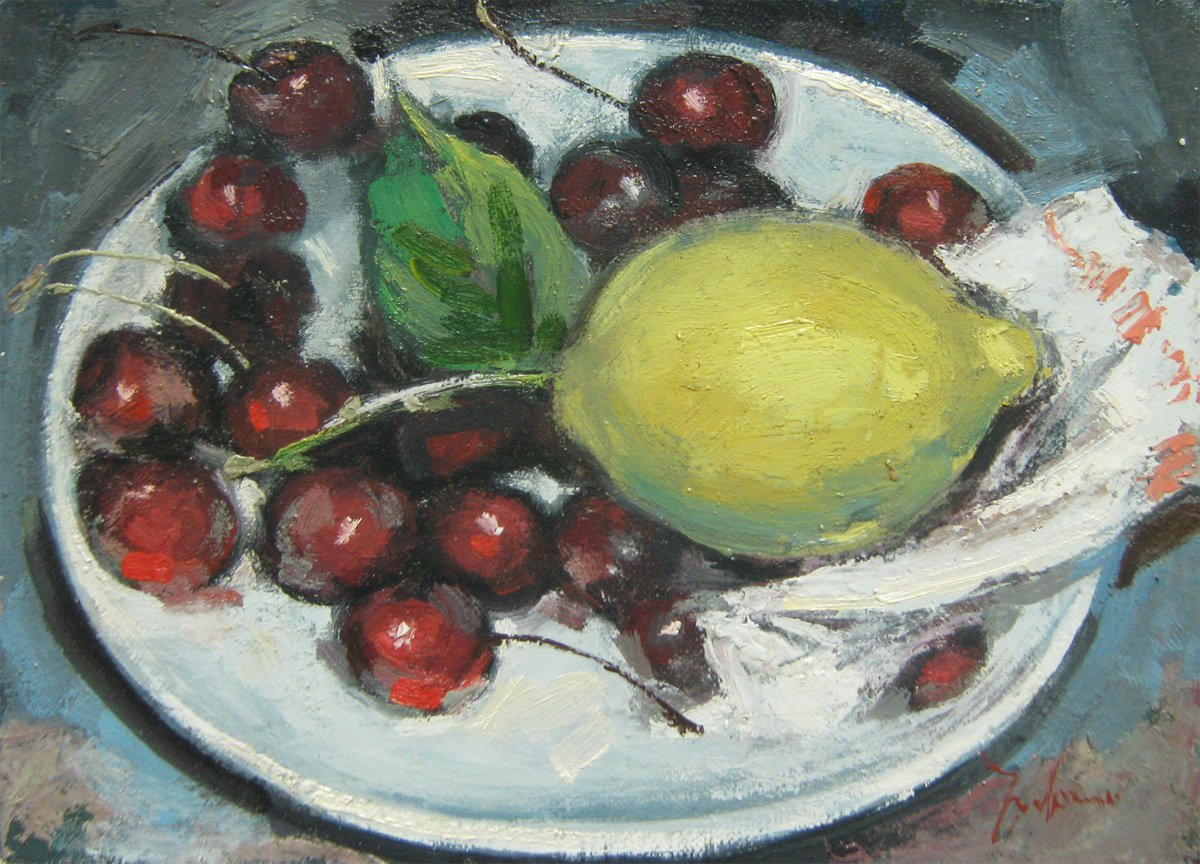 Lemon and cherries on a plate KIP-8, Mato Jurkovic, academic painter by Mato Jurkovic
