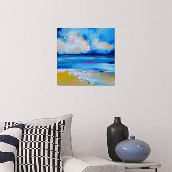 New Horizon 164 - 40x40 cm, Colourful Seascape, Sunset Painting, Impressionistic Colorful Painting, Large Modern Ready to Hang Abstract Landscape, Pink Sunset, Sunrise, Ocean Shore