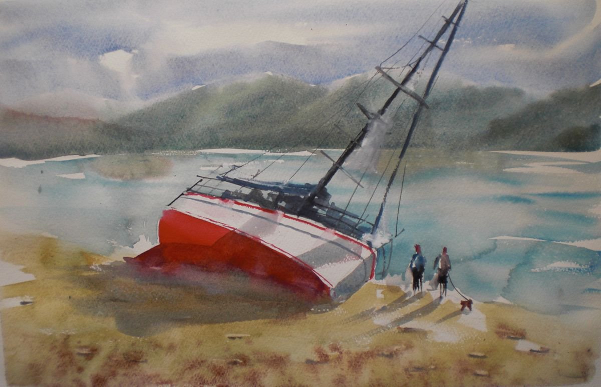 Expressive Landscape Watercolour By Giorgio Gosti, 17 X 11, Boat Stranded, Original Artwork