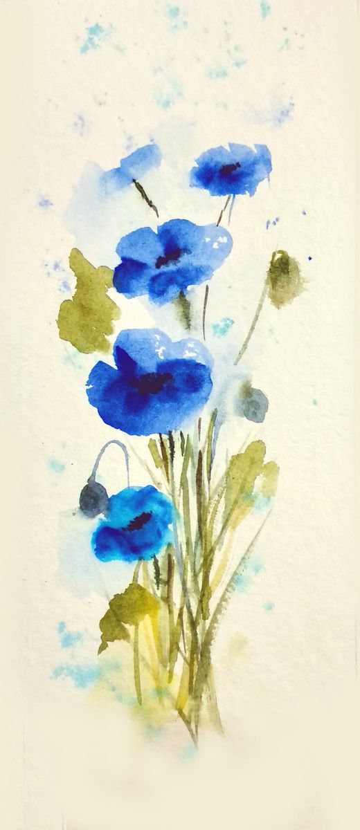 Watercolor Blue Poppies Painting Floral painting- 5x 11 by Asha Shenoy