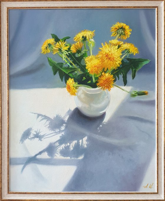 "Bouquet from a young gentleman. "  still life summer  dandelion   white liGHt original painting  GIFT (2021)