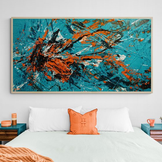 Teal and Tango 190cm x 100cm Teal Orange Textured Abstract Art