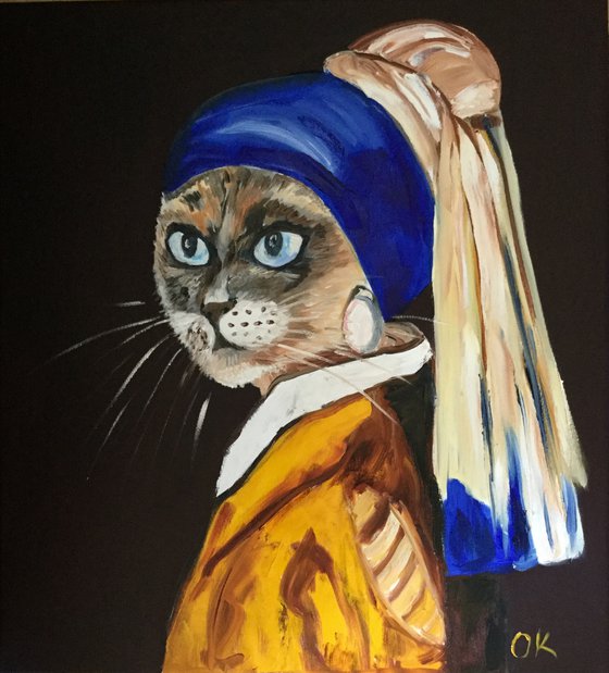 Siamese Cat with the pearl earring. Feline art. Blue eyes. Gift idea for cat lovers