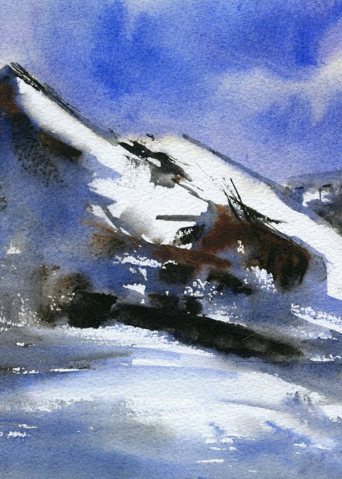 Mountain sunset original artwork painting , watercolor in blue colores, decor for living room, gift for her by Irina Povaliaeva