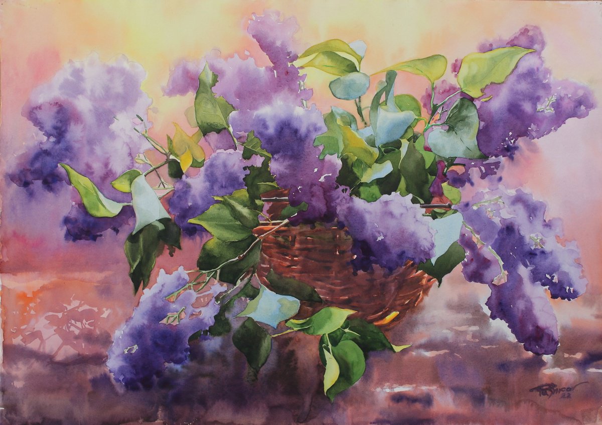 Impressionistic Botanical Watercolour By Yurii Pashkov, 30 X 22", Lilac Bouquet#2, Original Artwork