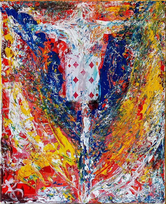7th Heaven. Original Colorful Abstract Painting with Playing Card.