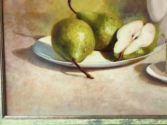 "Evening tea with pears. " still life teapot pear liGHt original painting  GIFT (2020)