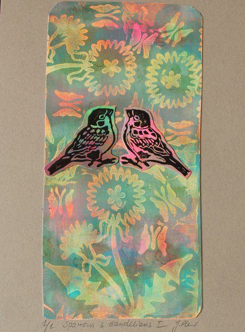 Sparrows & Dandelions I (mixed media) by Joanna Plenzler