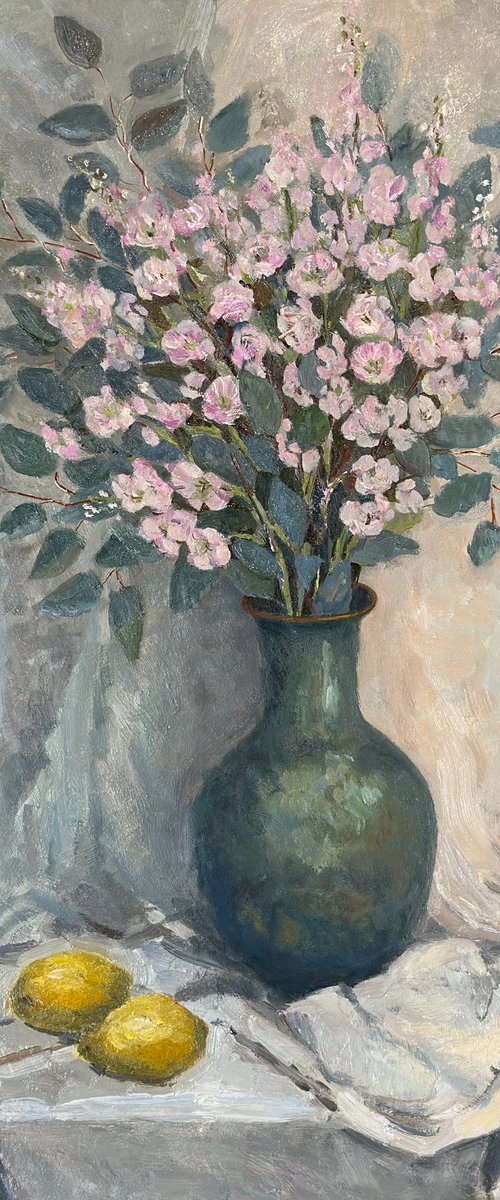 Still life with green vase and lemons by Anna Novick