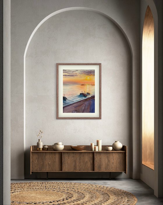 Serene Sunset over a Seaside Town