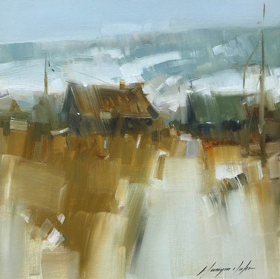 Village, Landscape oil painting, Handmade artwork,