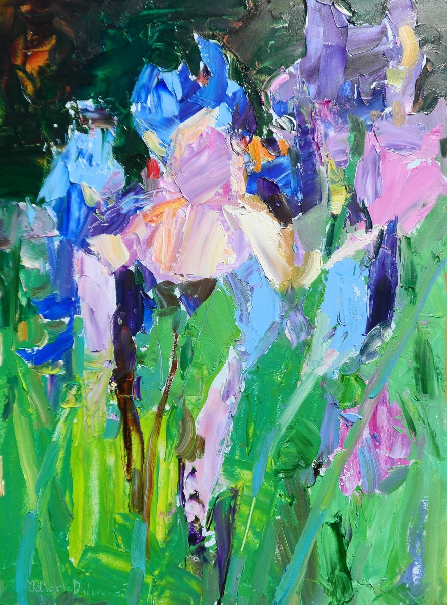 Impressionistic Botanical Oil Painting By Yehor Dulin, 12 X 16", " Irises ", Original Artwork
