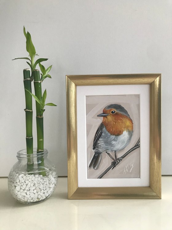 Robin bird Oil Painting golden framed 15x20cm