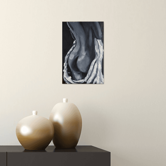 First time, small nude erotic oil painting, black and white woman art