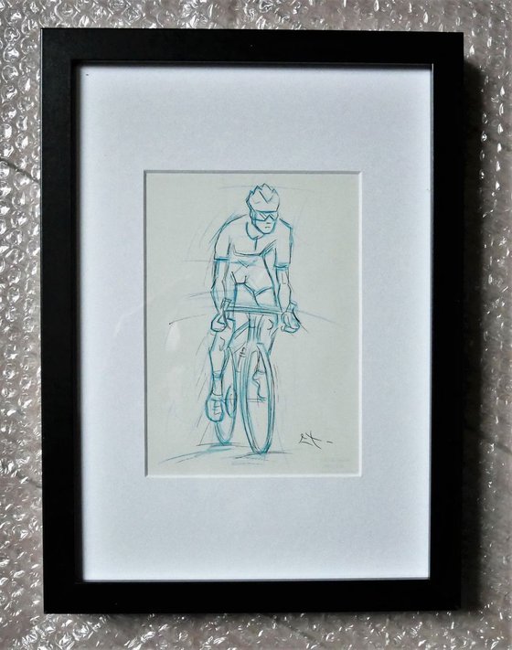 Esquisse crayon bleu et encre, Cycliste, Encadré 24 x 32 cm