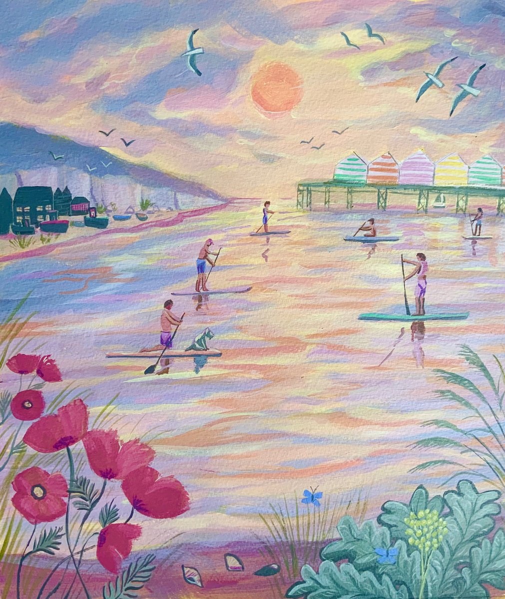 Impressionistic Landscape Acrylic Painting By Mary Stubberfield, 11 X 13", Summer Paddle Boarders, Original Artwork