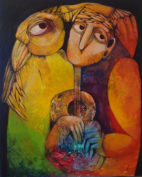 The musician and the bird (Acrylic painting, 40x50cm, ready to hang)