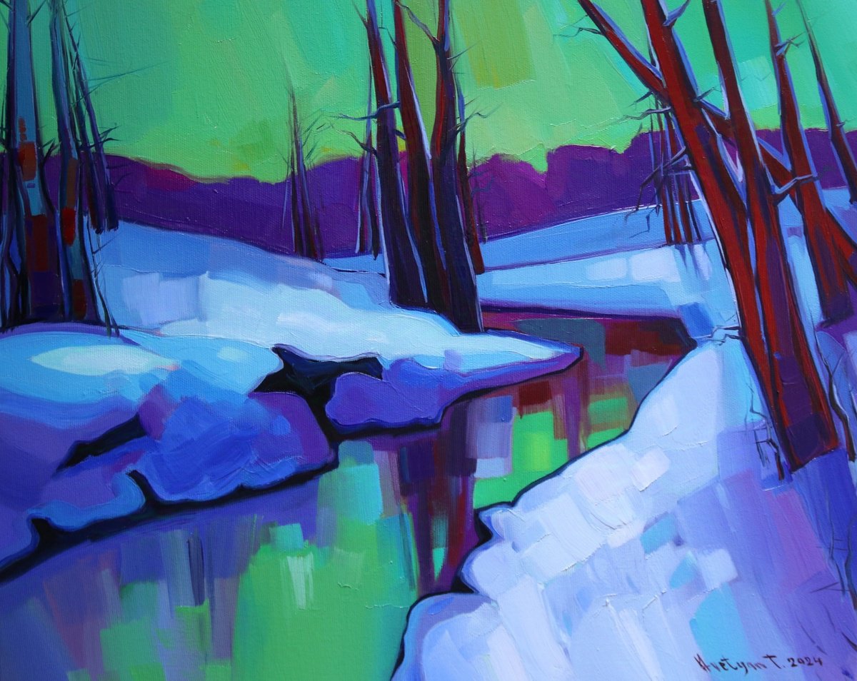 Expressive Landscape Oil Painting By Tigran Avetyan, 20 X 16", Winter Evening, Original Artwork