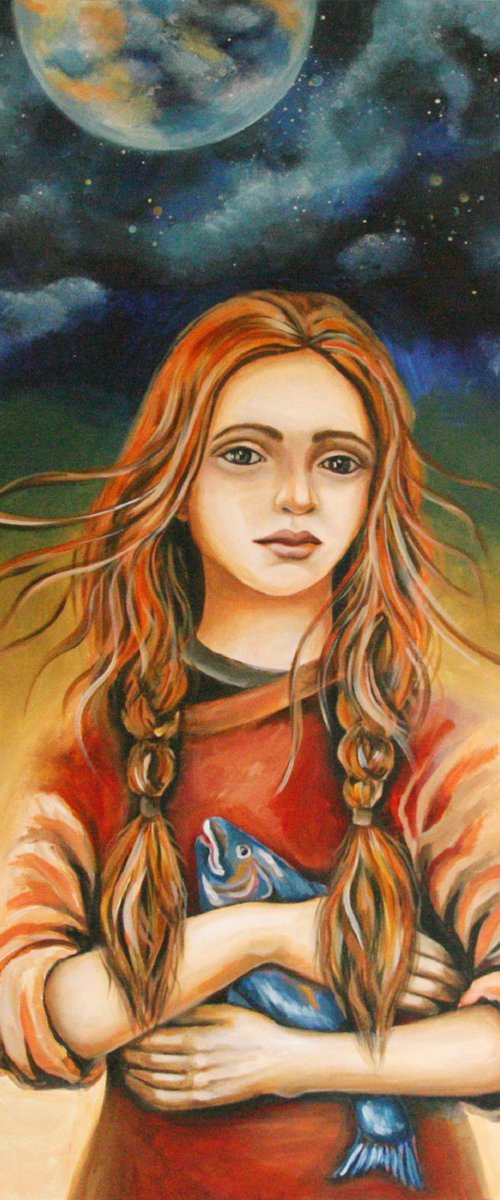 Painting | Acrylic | Girl with fish by Egle Stripeikiene