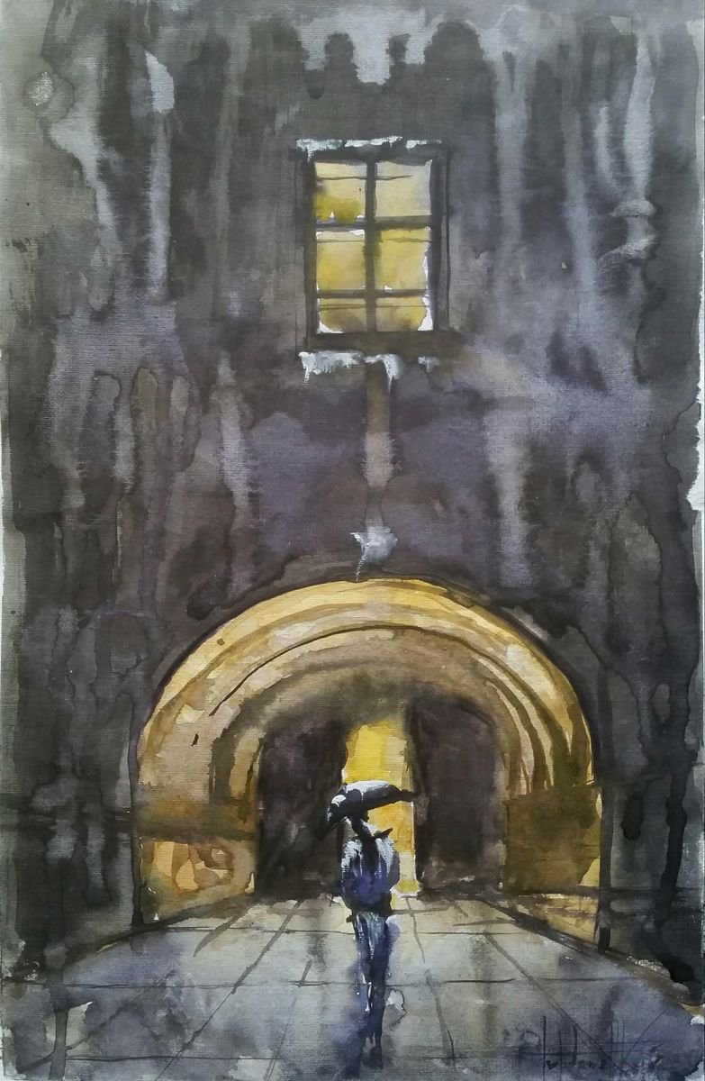 Impressionistic Cityscapes Watercolour By Eugene Gorbachenko, 9 X 15, Evening Walk, Original Artwork