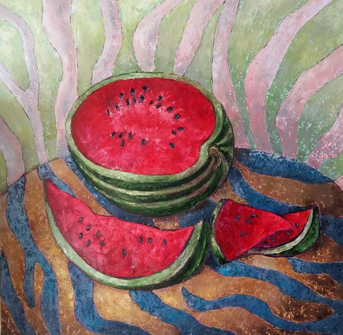 Striped still life with watermelon, 80x80 cm, original painting, FREE SHIPPING by Larissa Uvarova