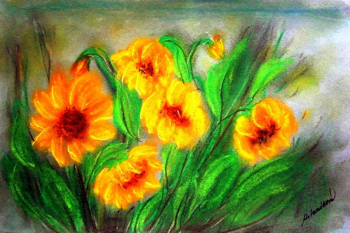 Sunflowers - pastel by Emilia Urbanikova
