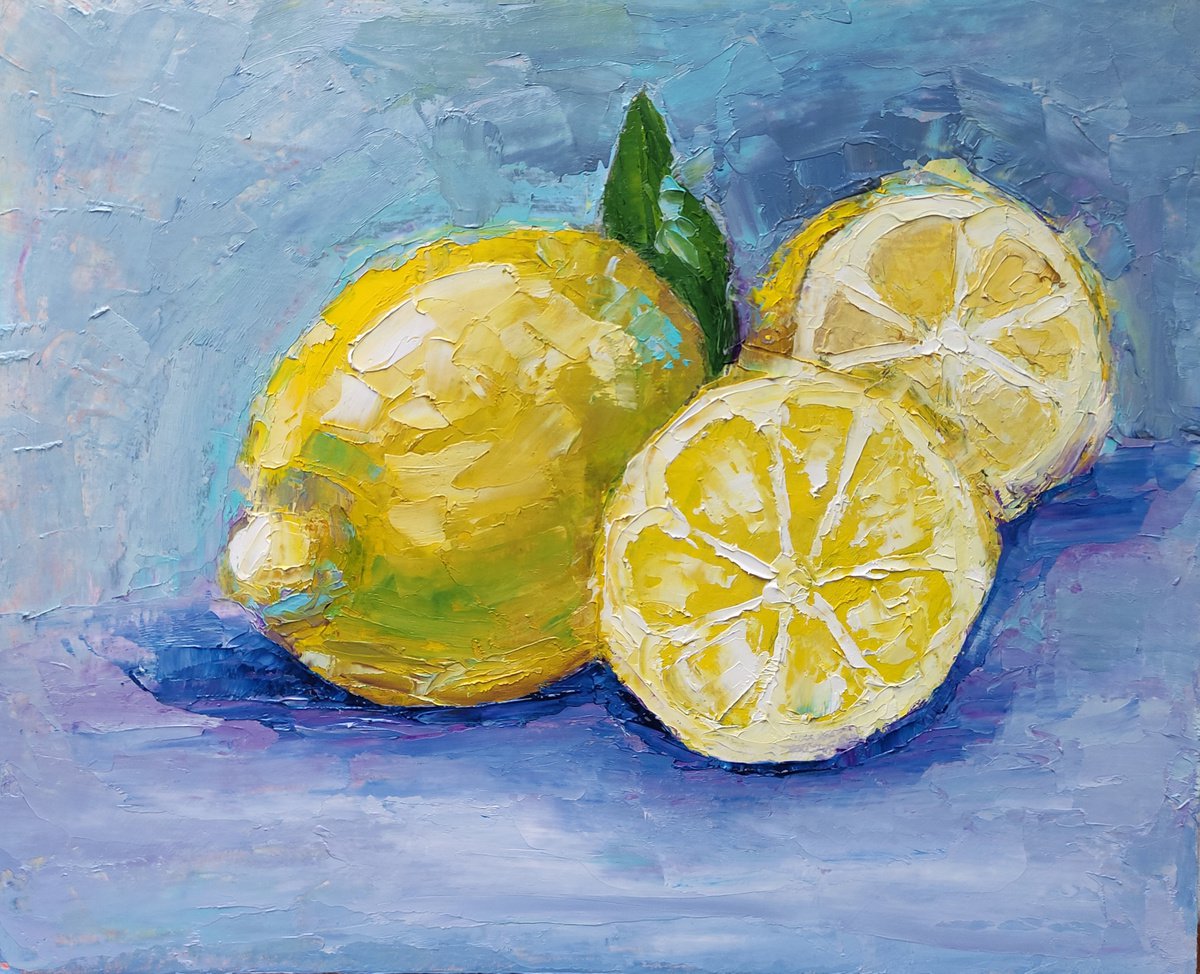 Lemon Painting Original Art Fruit Still Life Citrus Artwork Small Kitchen Wall Art by Yulia Berseneva