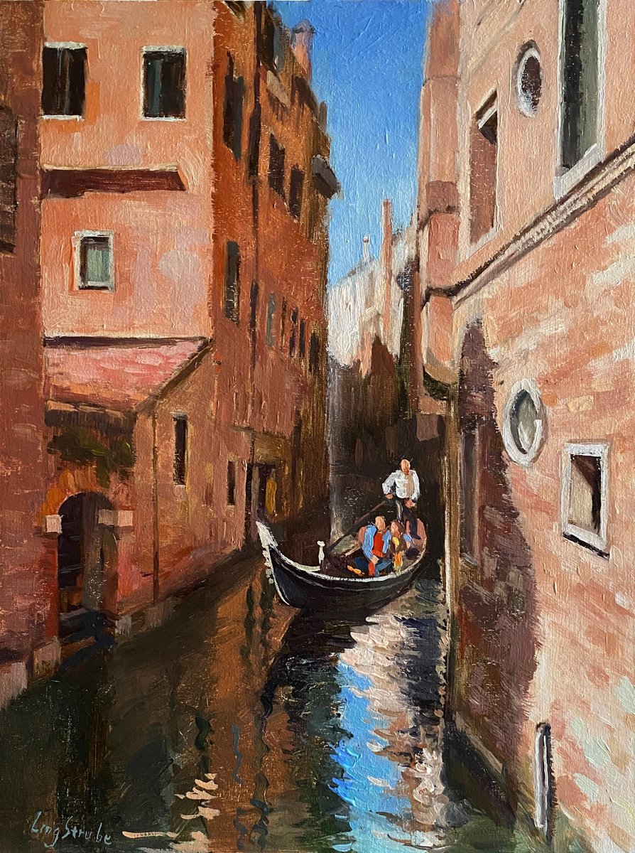 Impressionistic Landscape Oil Painting By Ling Strube, 12 X 16", Stroll In Venice - #6, Original Artwork