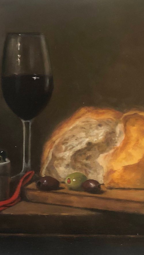 Wine, Bread, and Olives by Marybeth Hucker