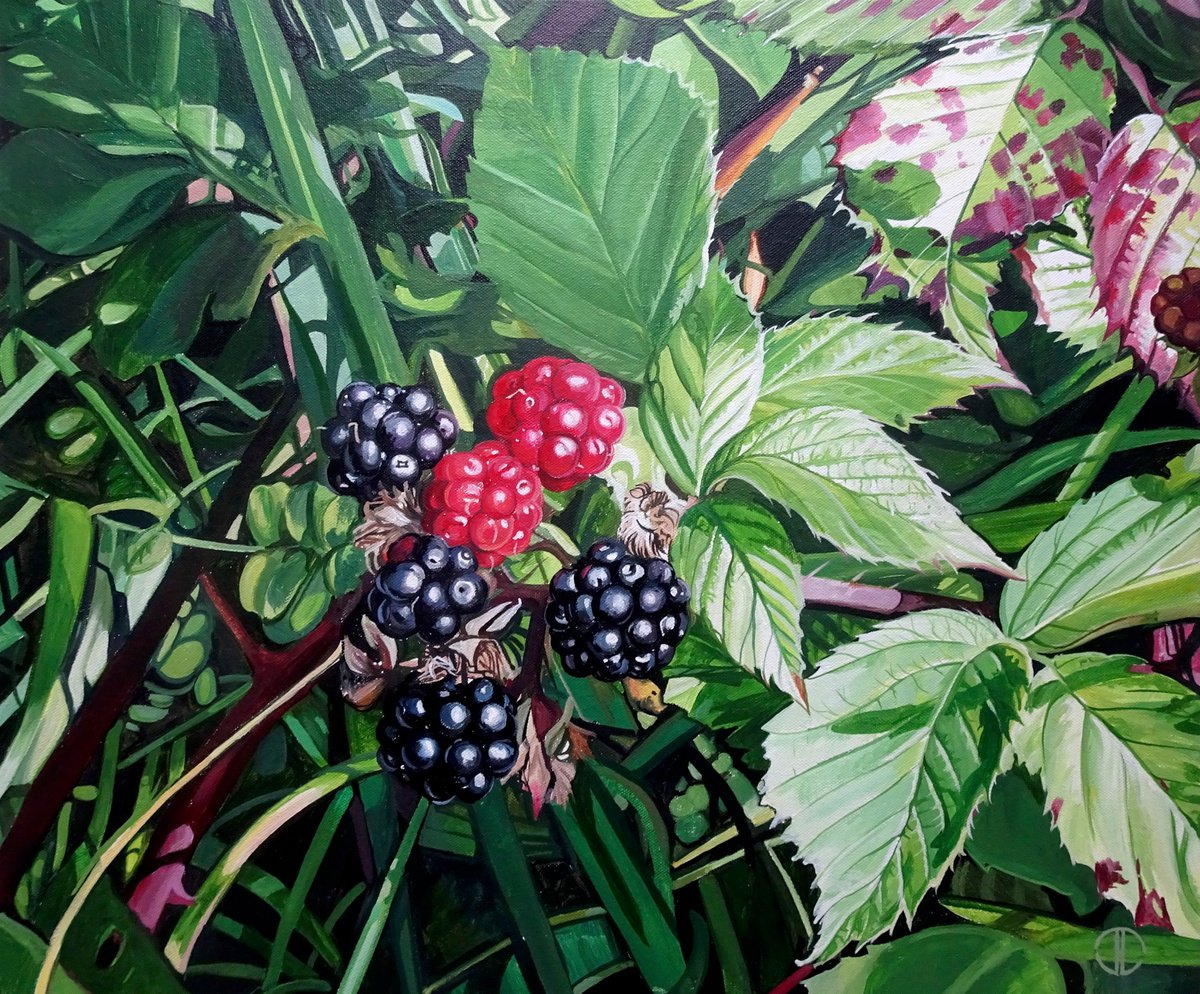 Photorealistic Botanical Acrylic Painting By Joseph Lynch, 24 X 20, Autumn Hedgerow, Original Artwork