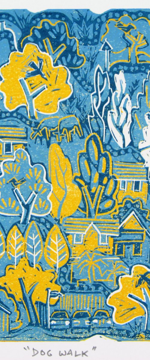 Dog walk (mustard and denim) by Mark Howard Jones