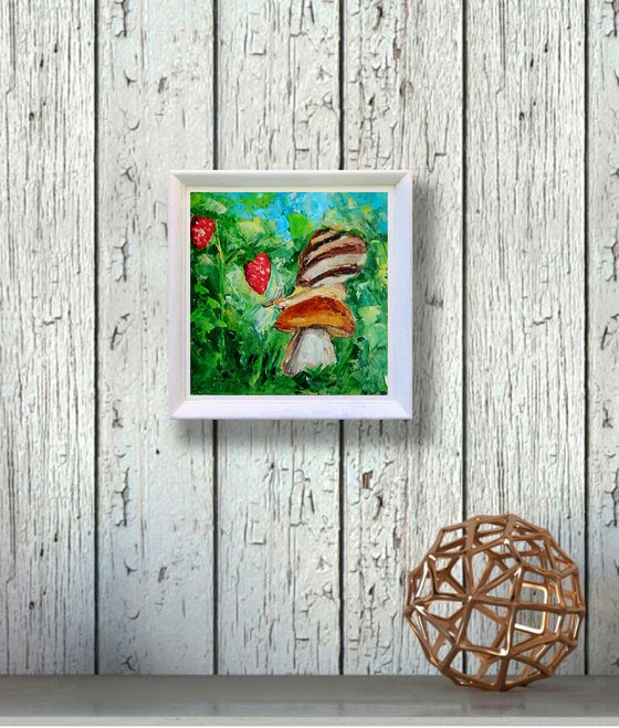 Snail Painting Mushroom Original Art Strawberry Wall Art Small Artwork Oil Impasto Painting