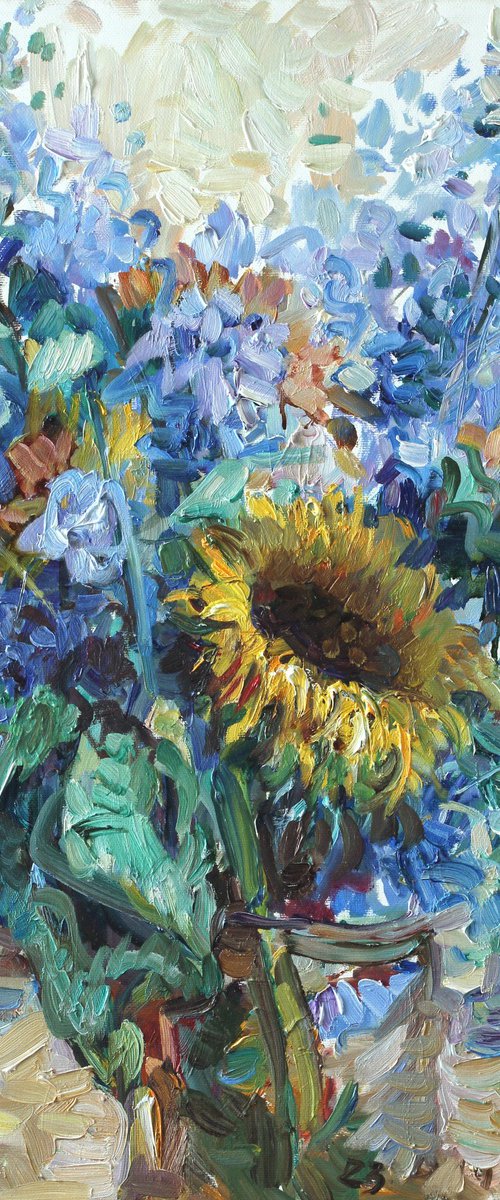 Sunflower on blue by Marina Podgaevskaya