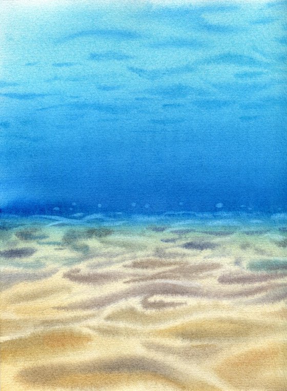 Reflection of the sun and waves on the sandy seabed. Bright summer watercolor. Original artwork.