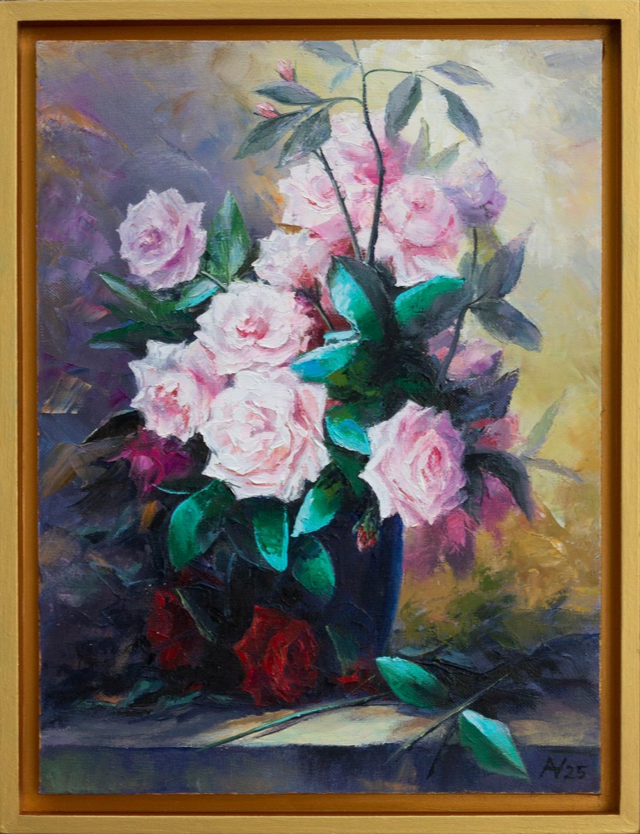 Impressionistic Still Life Oil Painting By Oleksii Vylusk, 13 X 17", Naturemorte With Roses, Original Artwork