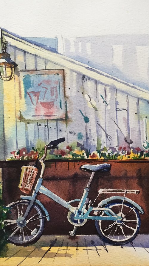 Cozy courtyard. Urban landscape with a blue bicycle. by Natalia Veyner