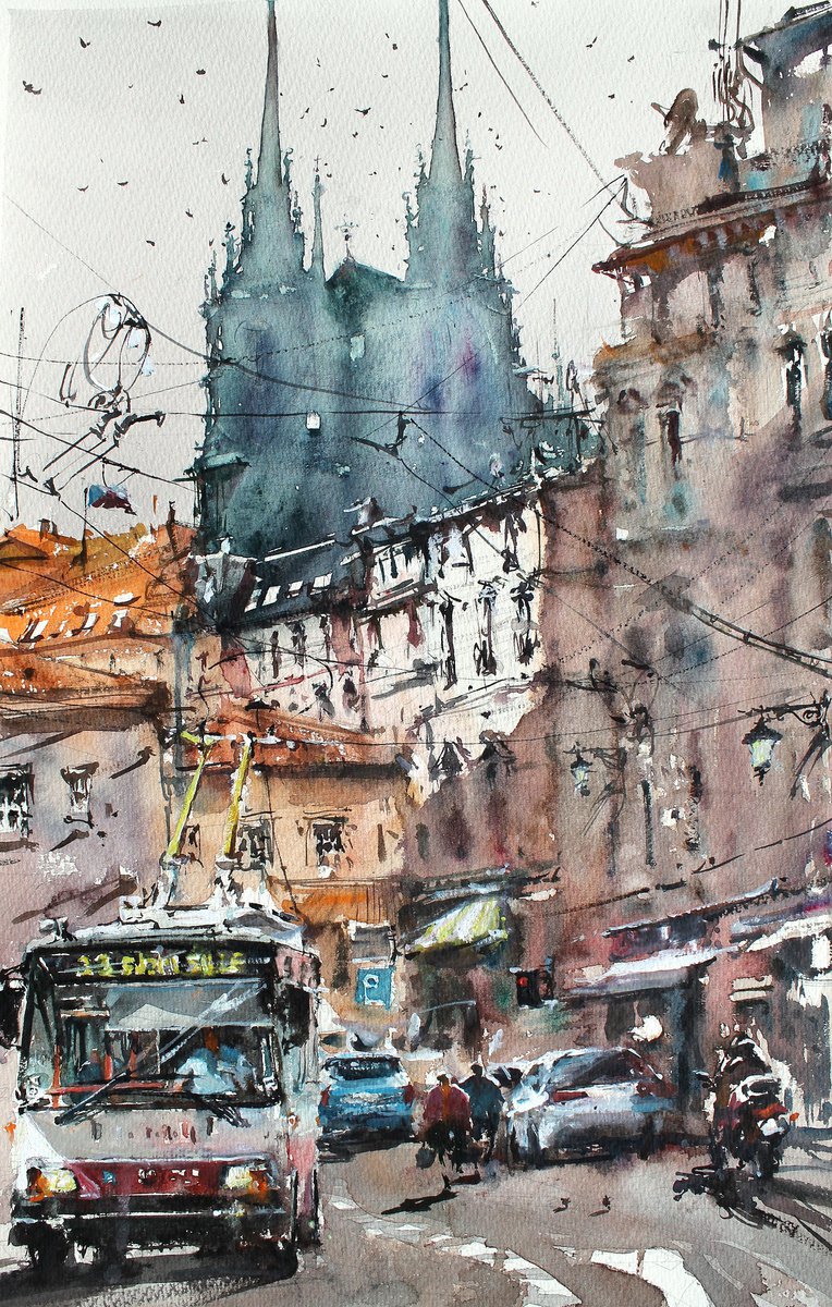 Impressionistic Cityscapes Watercolour By Maximo Damico, 14 X 22", Blue Gothic, Original Artwork