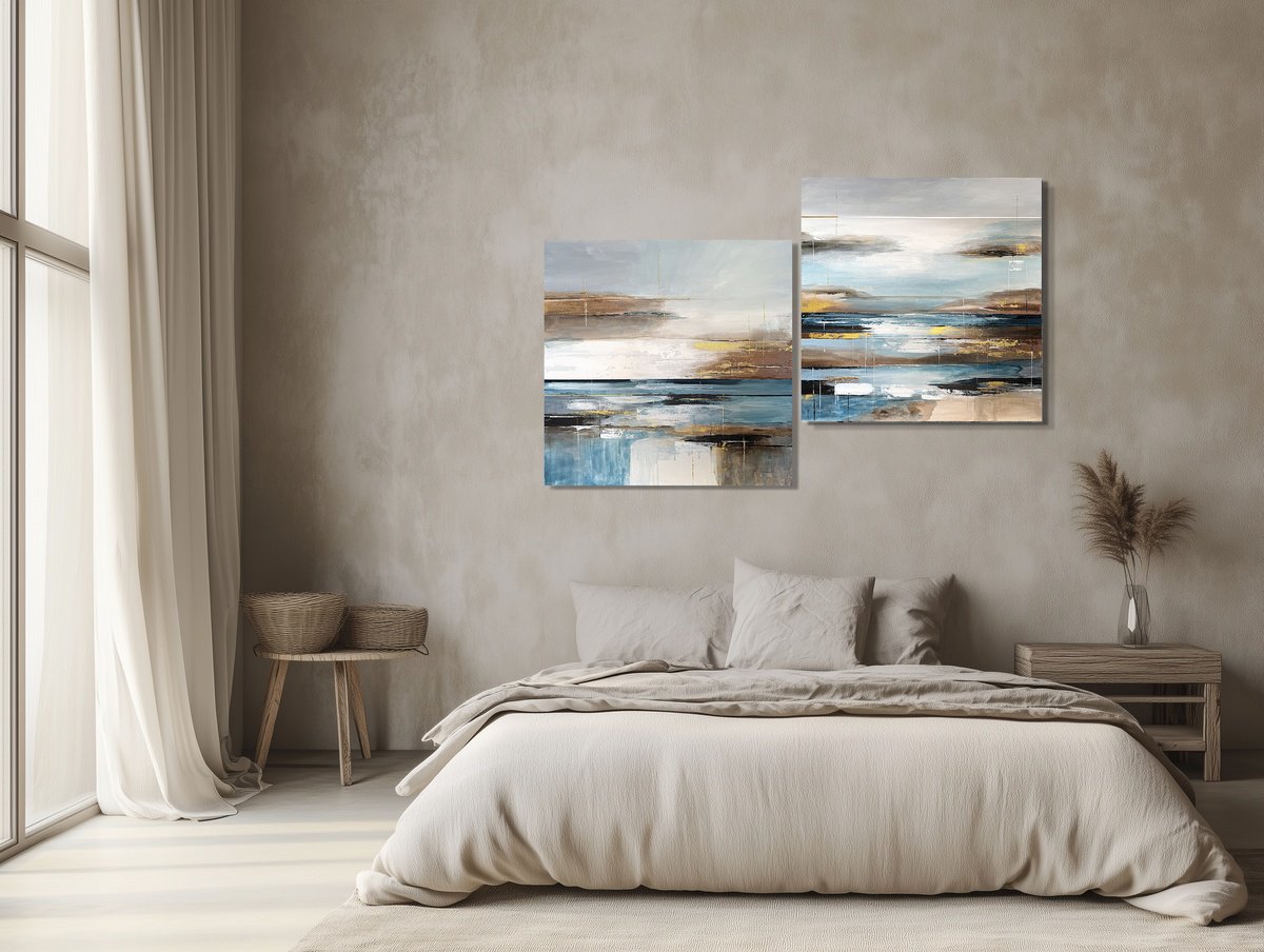 Geometric Abstract Acrylic Painting By Tatiana Malinovscaia, 47 X 24", Shoreline Reflections Diptych, Original Artwork