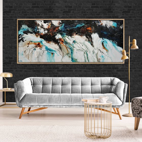 Southern Nature 200cm x 80cm Teal Black White Textured Abstract Art