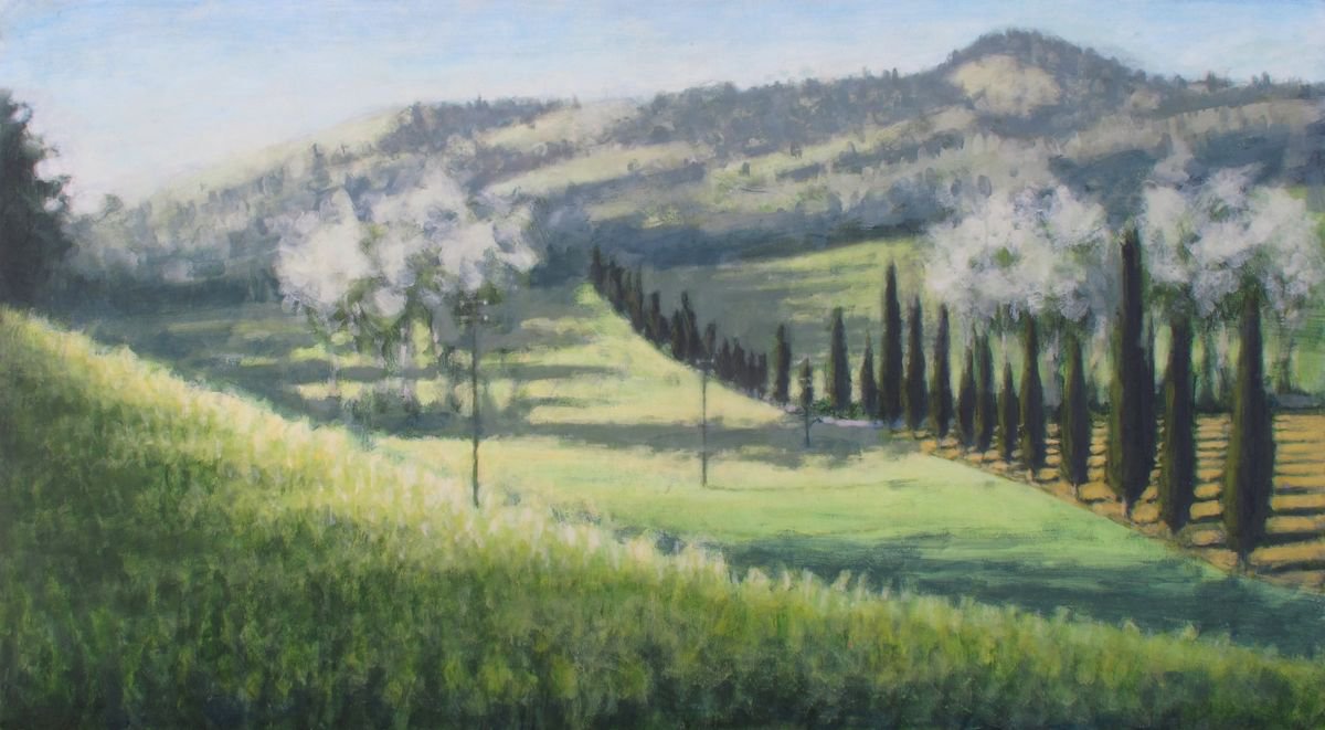 Impressionistic Landscape Acrylic Painting By Hugo Lines, 48 X 26, Borgo Pignano - Tuscany No5, Original Artwork