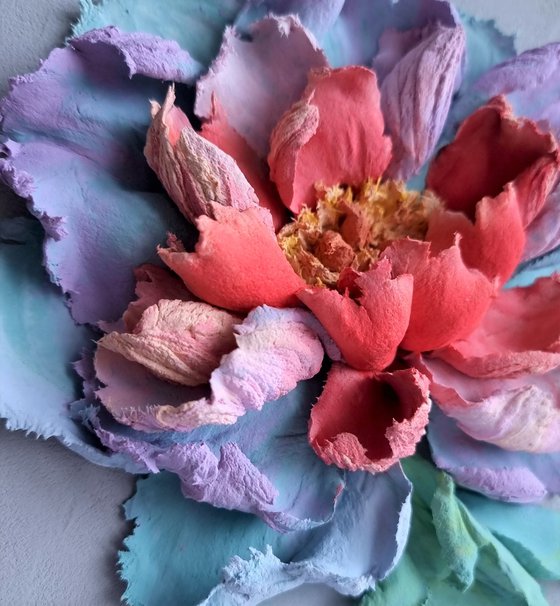 Flower panel rainbow peony 1. Small ceramic sculpture 3d flower with red and blue petals. Colourful peony botanical bas- relief  - Xmas gift, 17x17x4 cm