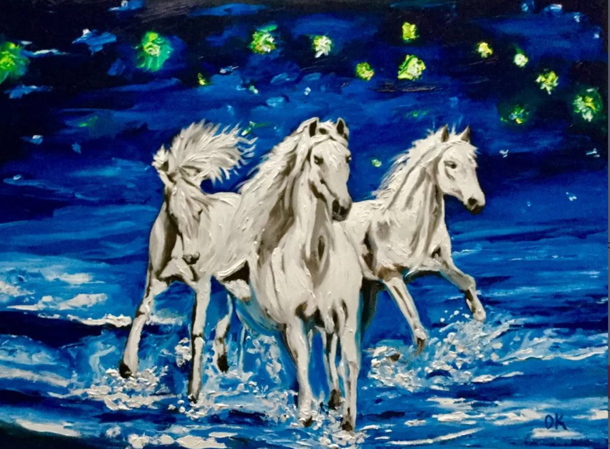 Impressionistic Animal Oil Painting By Olga Koval, 32 X 24", White Horses -., Original Artwork