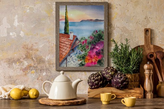 Mediterranean vibe - original watercolor cityscape seaview