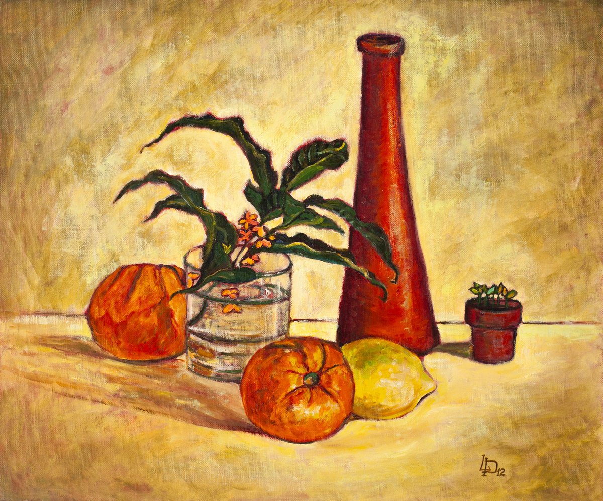 Still Life Oil Painting By Liudmila Pisliakova, 18 X 15", Still Life With Plant In A Pot, Original Artwork