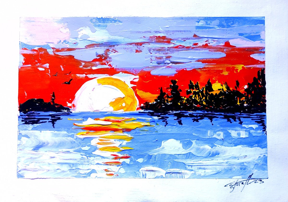 Impressionistic Landscape Acrylic Painting By Elena Kraft, 11 X 7, Orange Sunset, Original Artwork