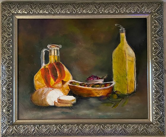 Hearty Delicious Olives Original Oil Painting. 11x14 Silver Frame